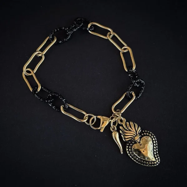 Bracciale Black Gold con sacro cuore e cornetto